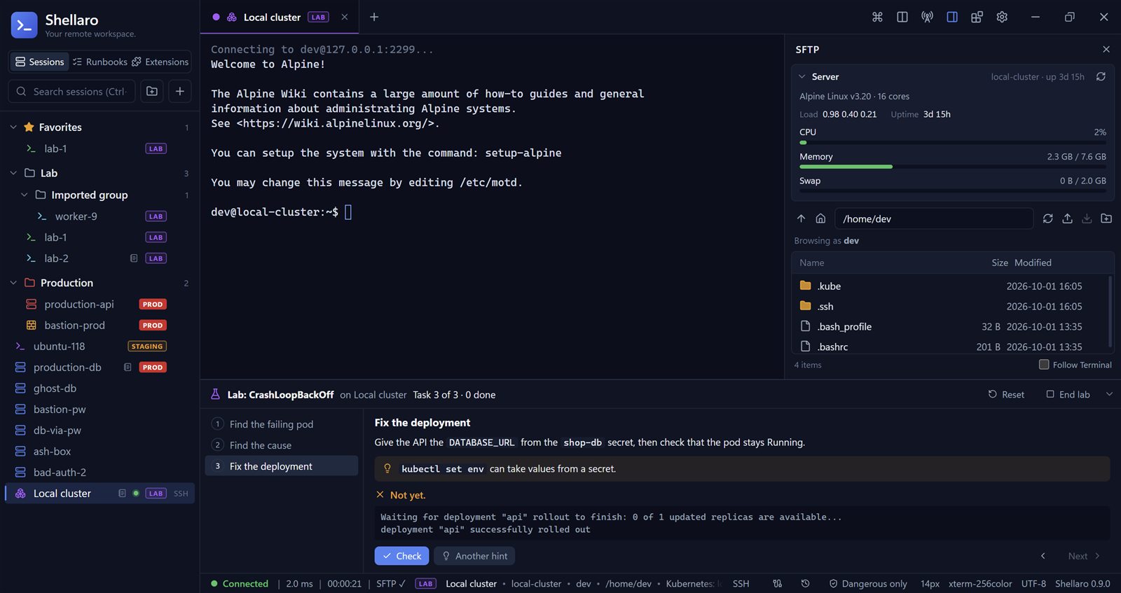Shellaro with a terminal, the SFTP panel with server usage, and a lab panel with tasks
